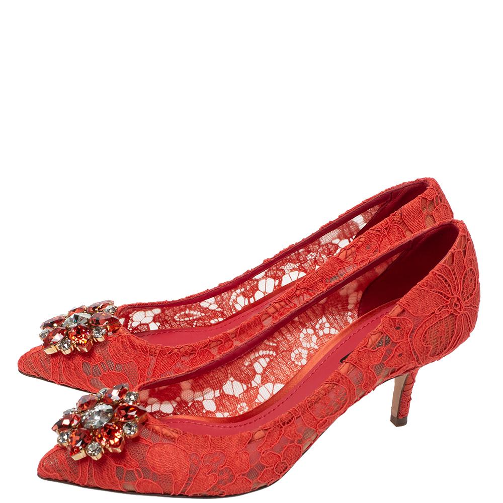 Women's Dolce & Gabbana Orange Lace Jeweled Embellishment Pointed Toe Pumps Size 38