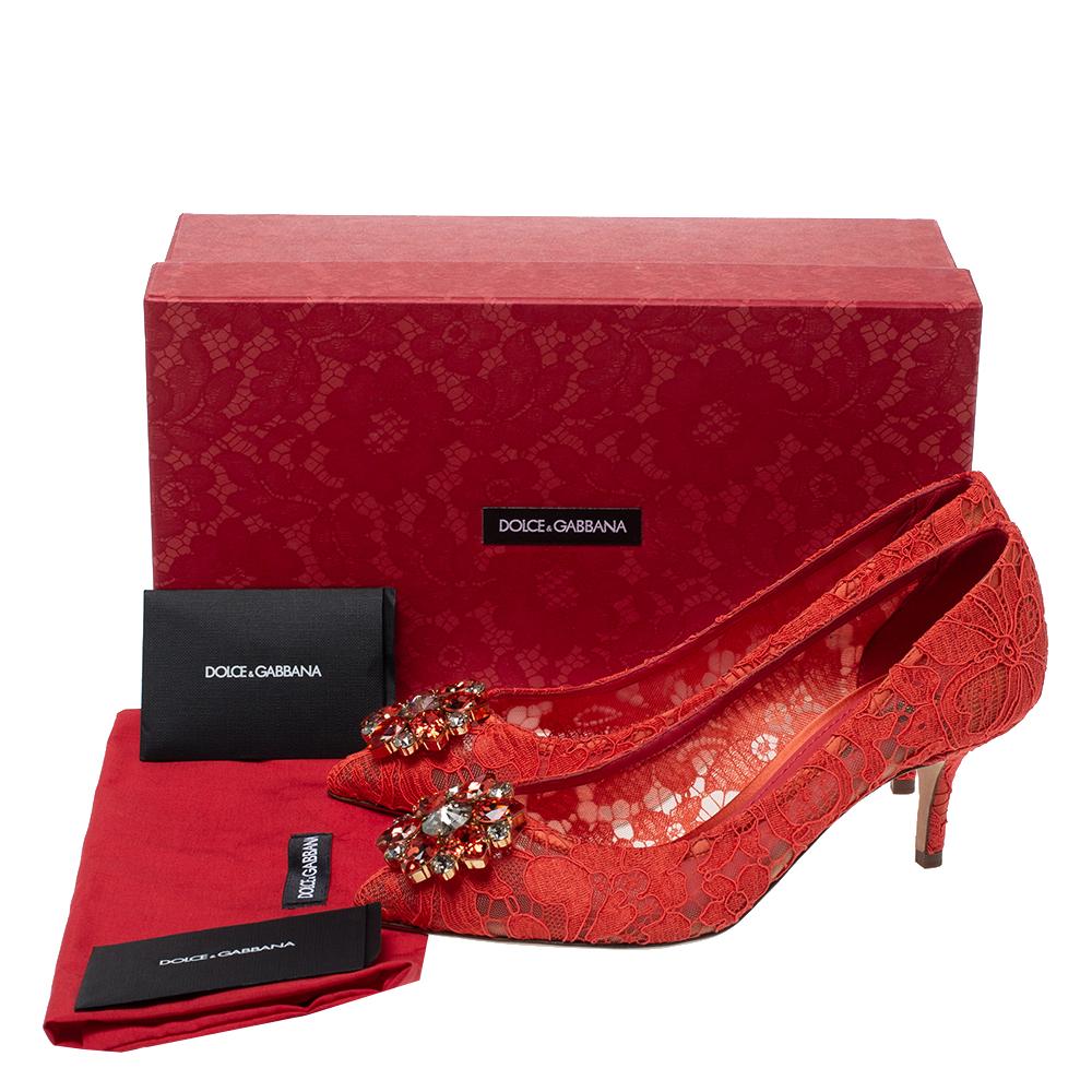 Dolce & Gabbana Orange Lace Jeweled Embellishment Pointed Toe Pumps Size 38 3
