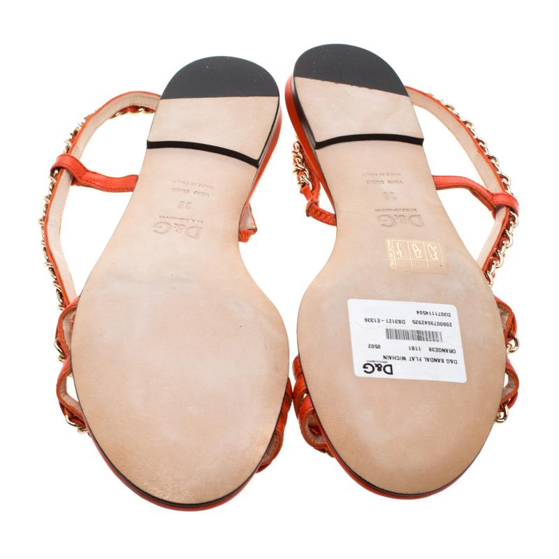 Women's Dolce & Gabbana Orange Leather Chain Slingback Flat Sandals Size 38