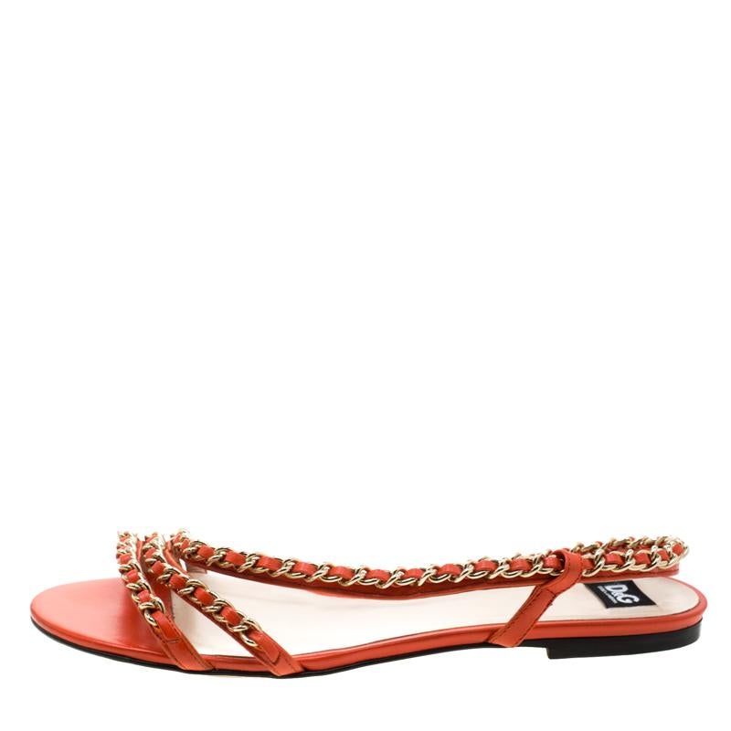 Dolce & Gabbana Orange Leather Chain Slingback Flat Sandals Size 38 2