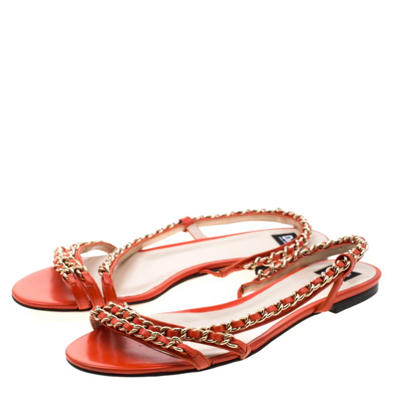 Dolce & Gabbana Orange Leather Chain Slingback Flat Sandals Size 38 3
