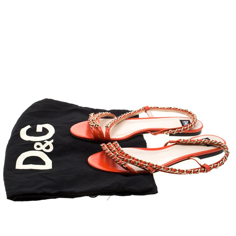 Dolce & Gabbana Orange Leather Chain Slingback Flat Sandals Size 38 4