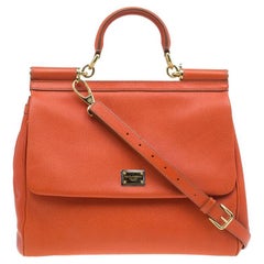 Dolce & Gabbana Orange Leather Large Miss Sicily Top Handle Bag