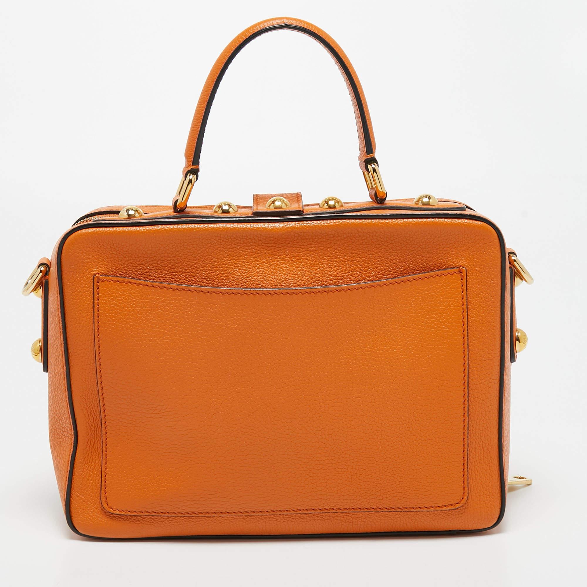 Dolce & Gabbana Orange Leather Large Rosaria Box Top Handle Bag In Good Condition In Dubai, Al Qouz 2