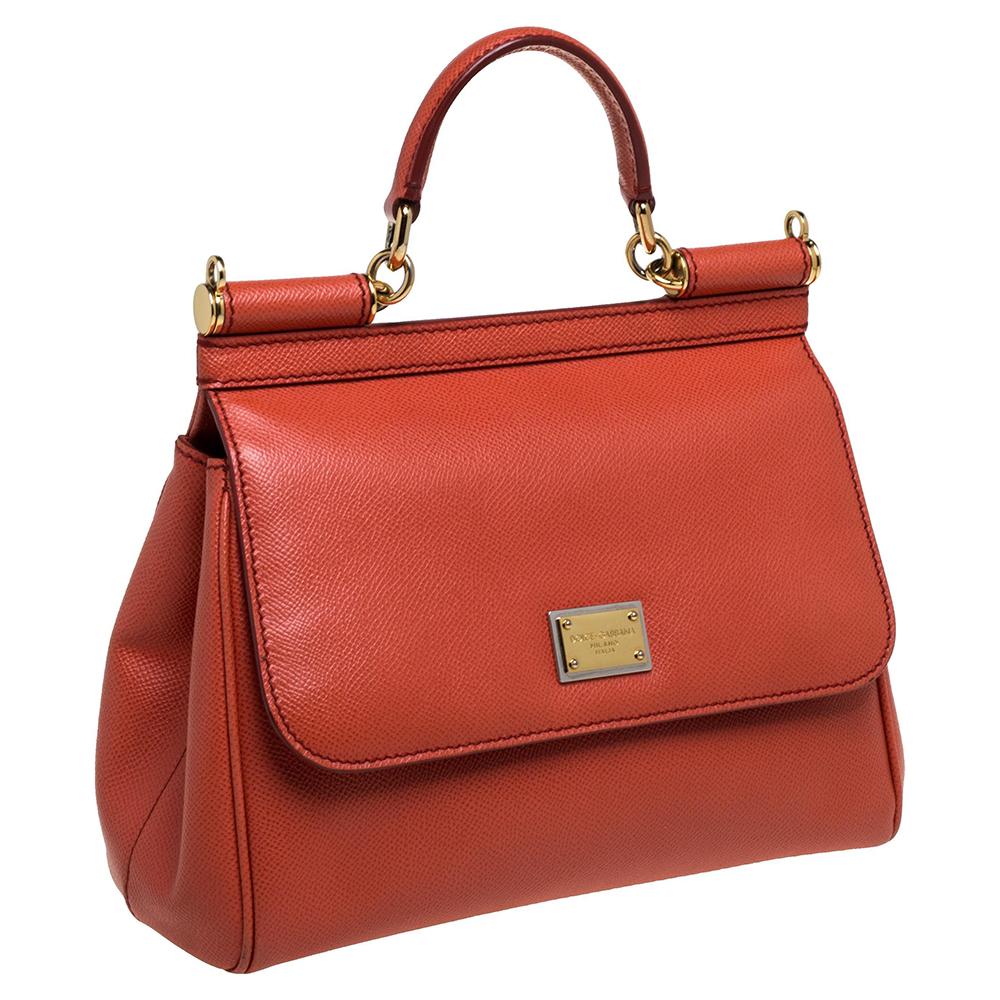 Red Dolce & Gabbana Orange Leather Medium Miss Sicily Top Handle Bag