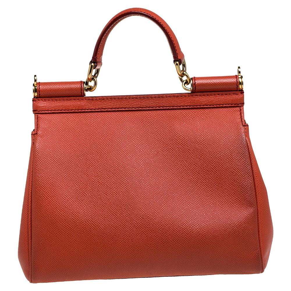 Dolce & Gabbana Orange Leather Medium Miss Sicily Top Handle Bag In Good Condition In Dubai, Al Qouz 2