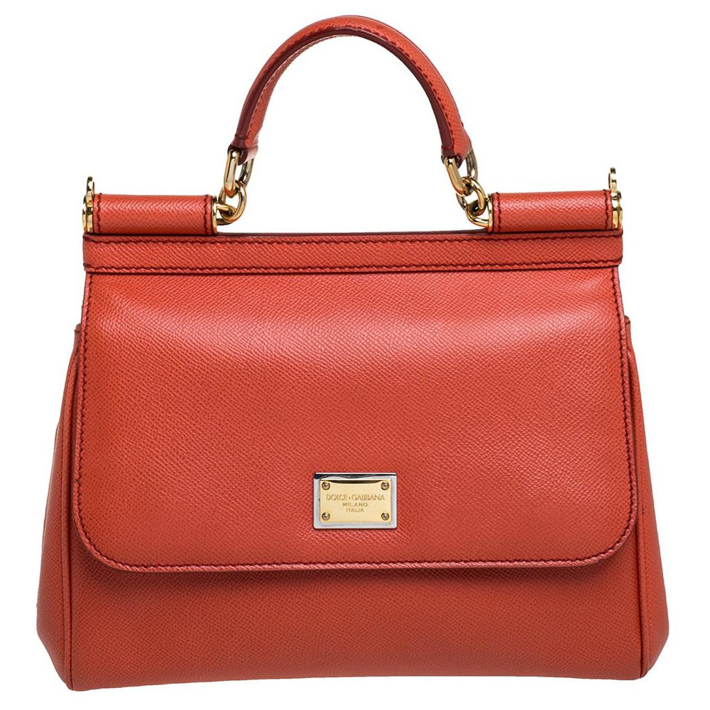 Dolce & Gabbana Orange Leather Medium Miss Sicily Top Handle Bag