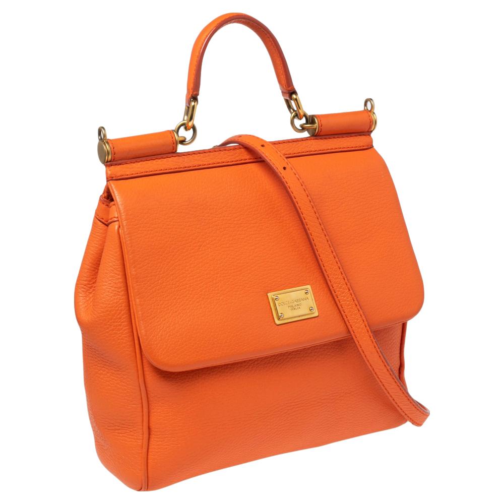 Dolce & Gabbana Orange Leather Miss Sicily Top Handle Bag In Good Condition In Dubai, Al Qouz 2