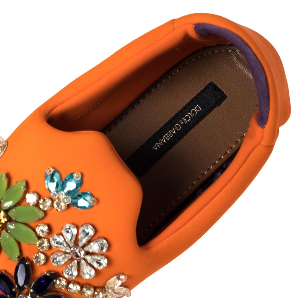 Dolce & Gabbana Orange Neoprene Barcelona Embellished Slip On Sneakers Size 38 In Good Condition In Dubai, Al Qouz 2