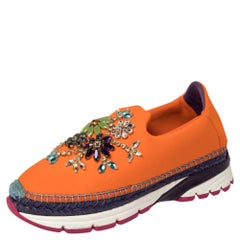 Dolce & Gabbana Orange Neoprene Barcelona Embellished Slip On Sneakers Size 38