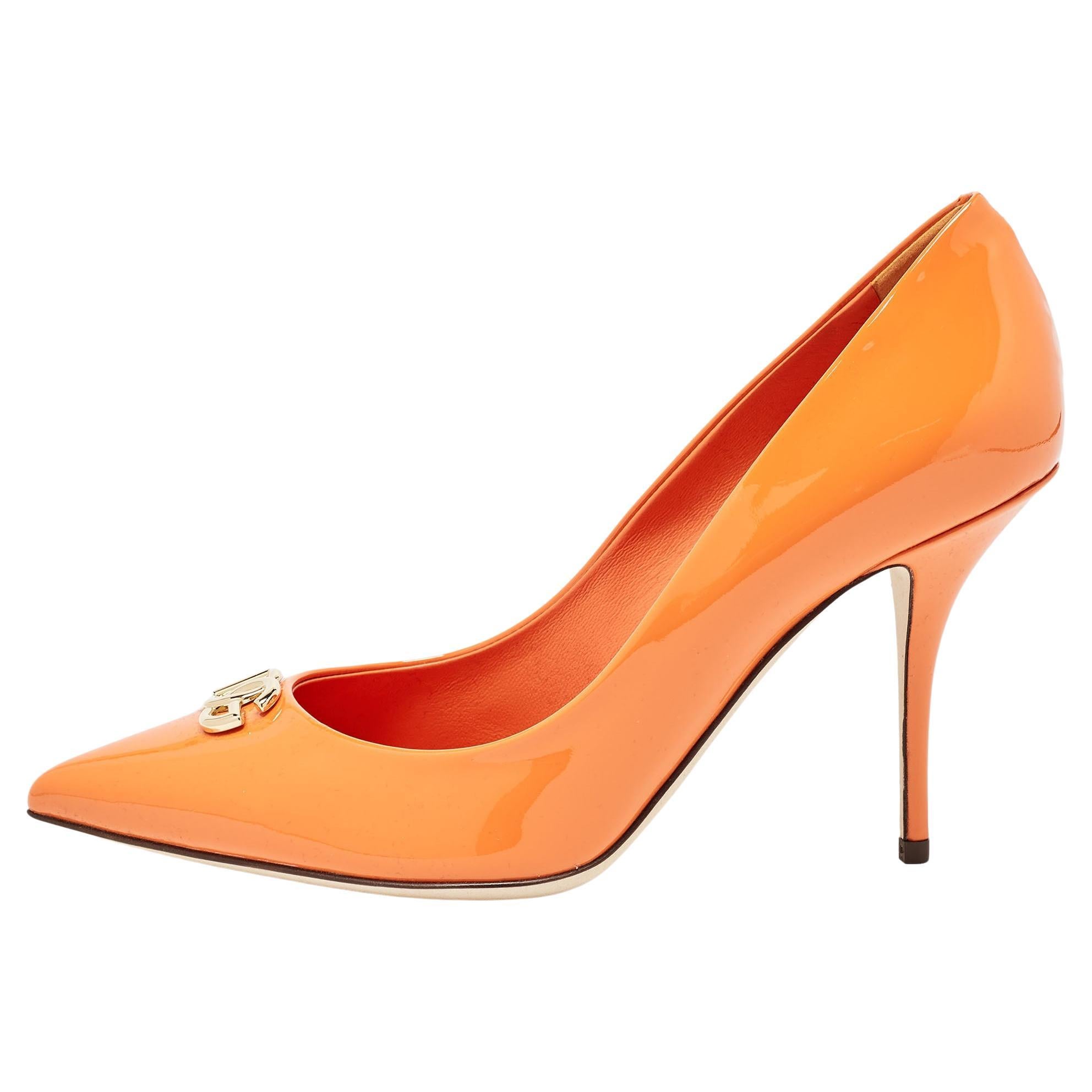 Dolce & Gabbana Orange Patent Leather DG Buckle Pumps Size 37.5 For Sale