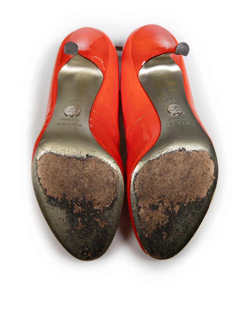 Dolce & Gabbana Orange Patent Peep Toe Heels Size IT 38.5 In Good Condition For Sale In London, GB