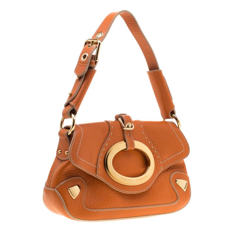 Women's Dolce & Gabbana Orange Pebbled Leather Ring Shoulder Bag