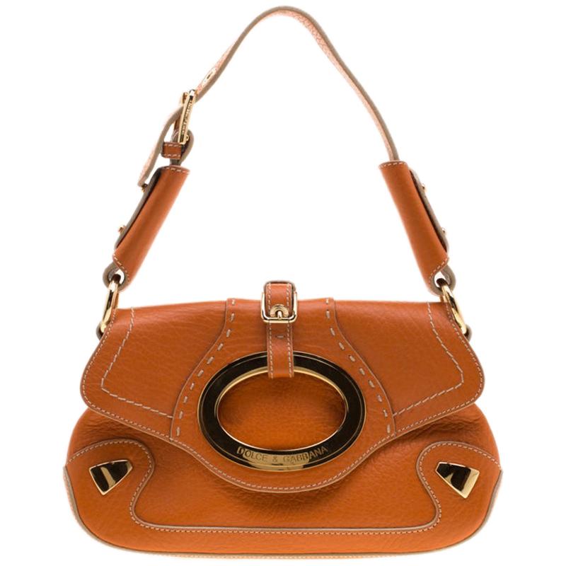 Dolce & Gabbana Orange Pebbled Leather Ring Shoulder Bag