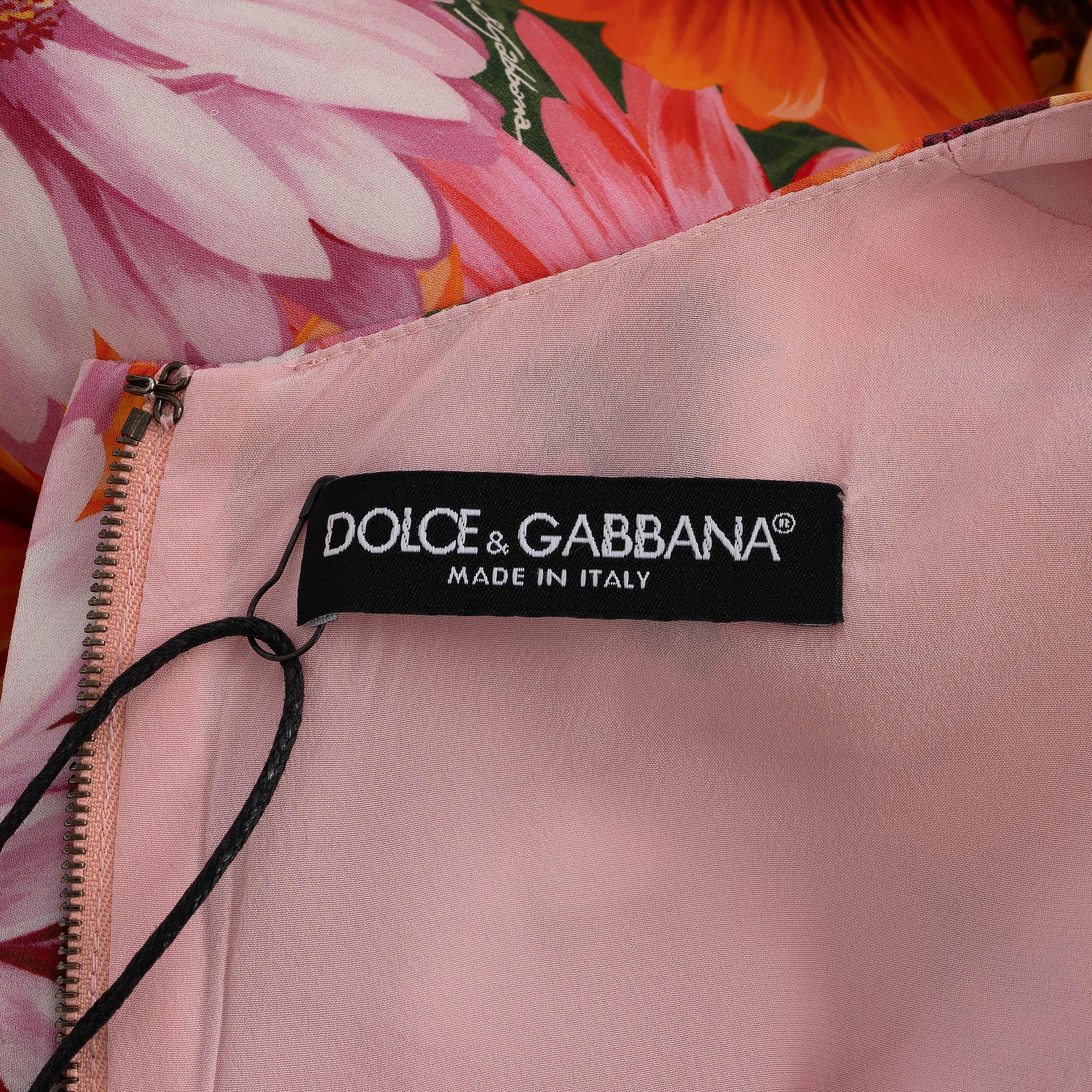 DOLCE & GABBANA orange pink yellow silk 2021 FLORAL MIDI Dress 42 M For Sale 1