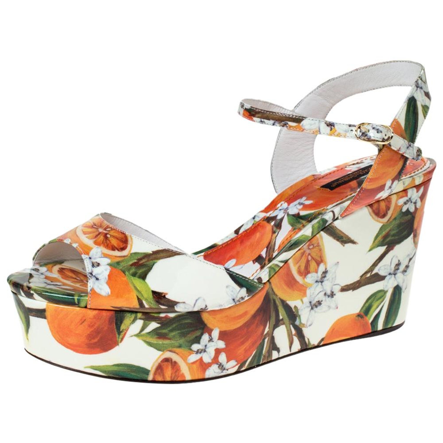 Dolce and Gabbana Orange Print Patent Leather Ankle Strap Wedge Sandals  Size 41 at 1stDibs