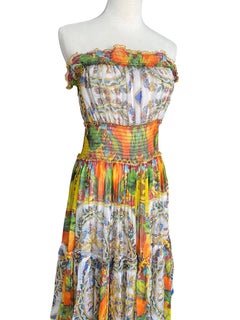 Dolce & Gabbana Orange Printed Silk Chiffon Tiered Strapless Maxi Gown - IT 44 /