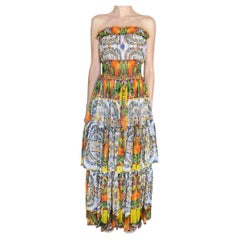 Dolce & Gabbana Orange Printed Silk Chiffon Tiered Strapless Maxi Gown - IT 44 /