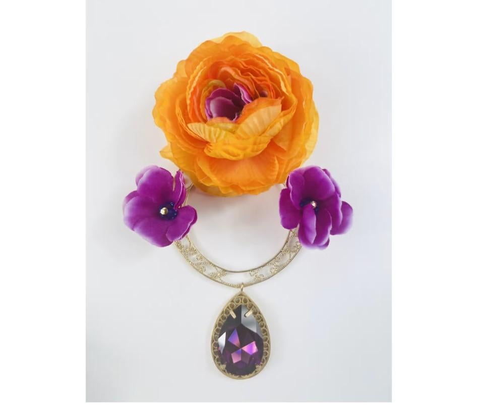 Modern Dolce & Gabbana Orange Purple Brass Crystal Flower Filigree Earrings Clip-on  For Sale