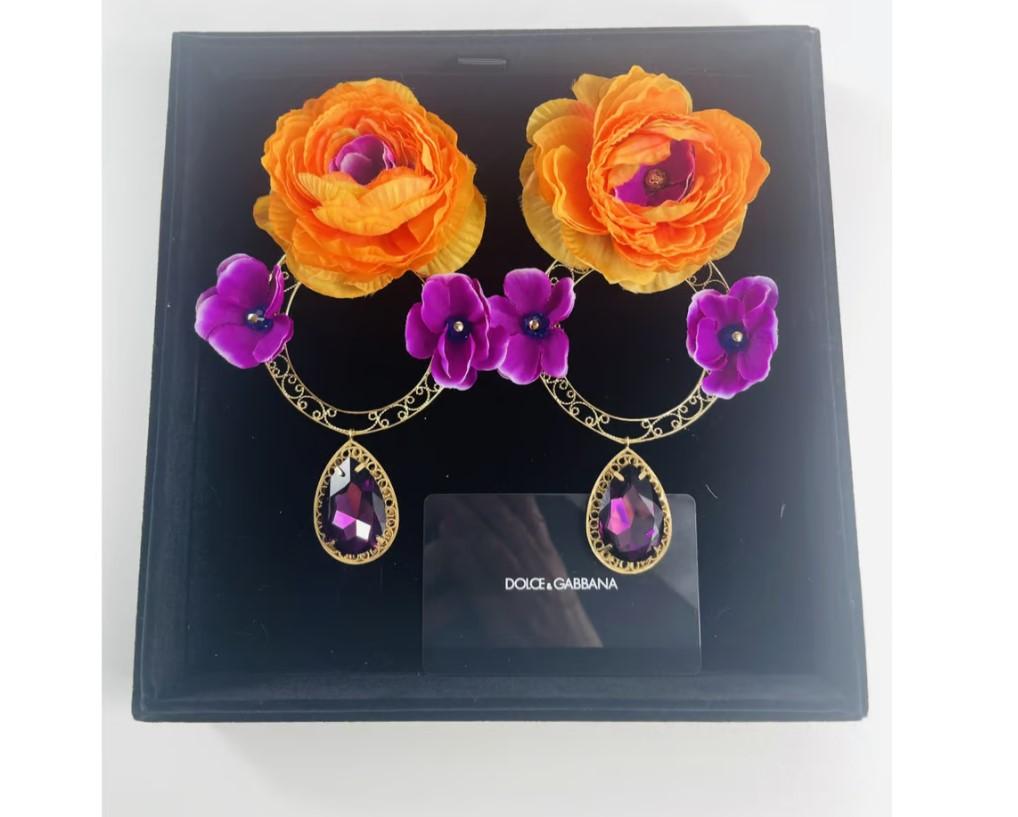 Women's Dolce & Gabbana Orange Purple Brass Crystal Flower Filigree Earrings Clip-on  For Sale