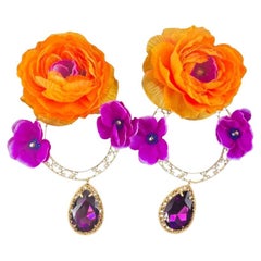 Dolce & Gabbana Orange Purple Brass Crystal Flower Filigree Earrings Clip-on 