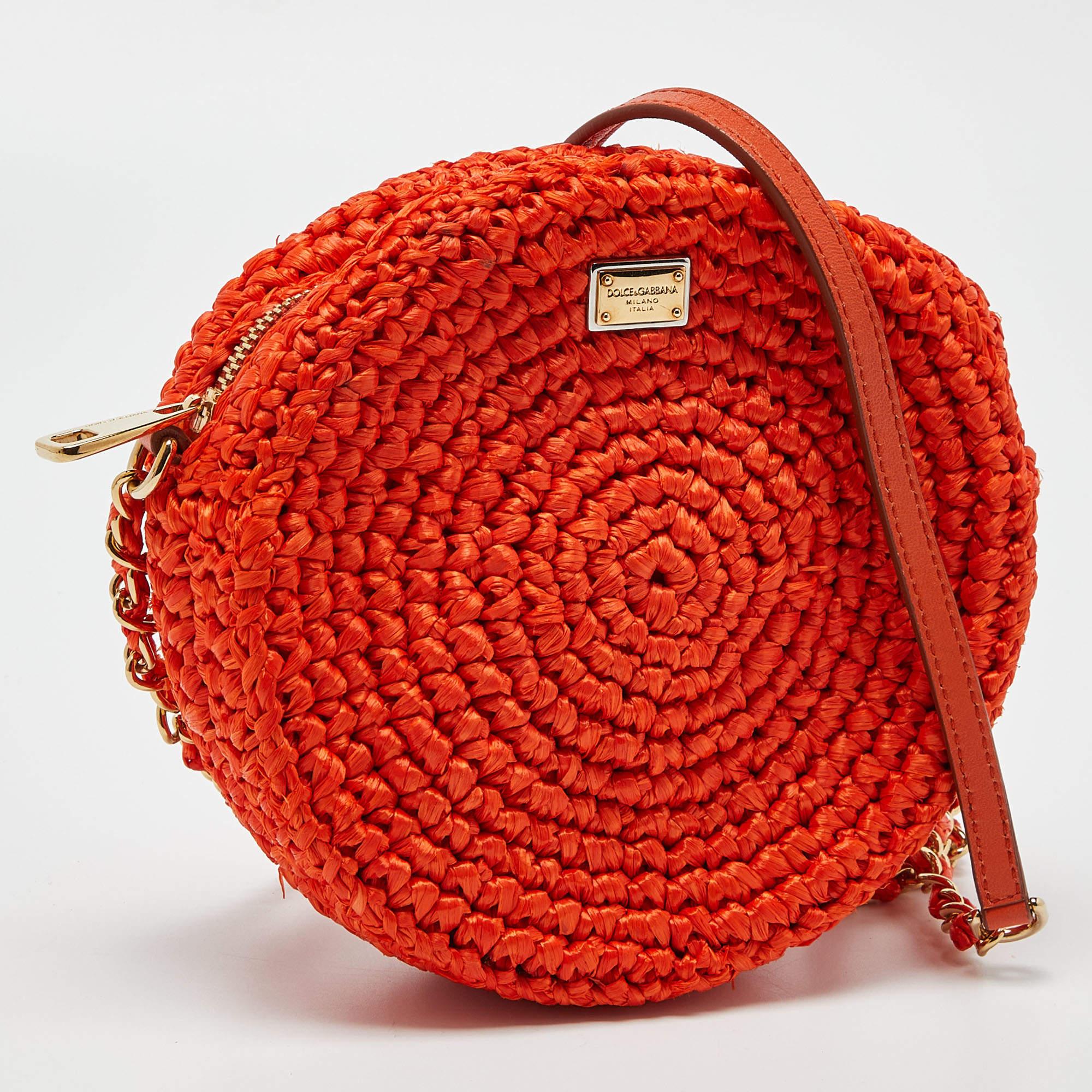 Red Dolce & Gabbana Orange Raffia and Leather Round Crossbody Bag