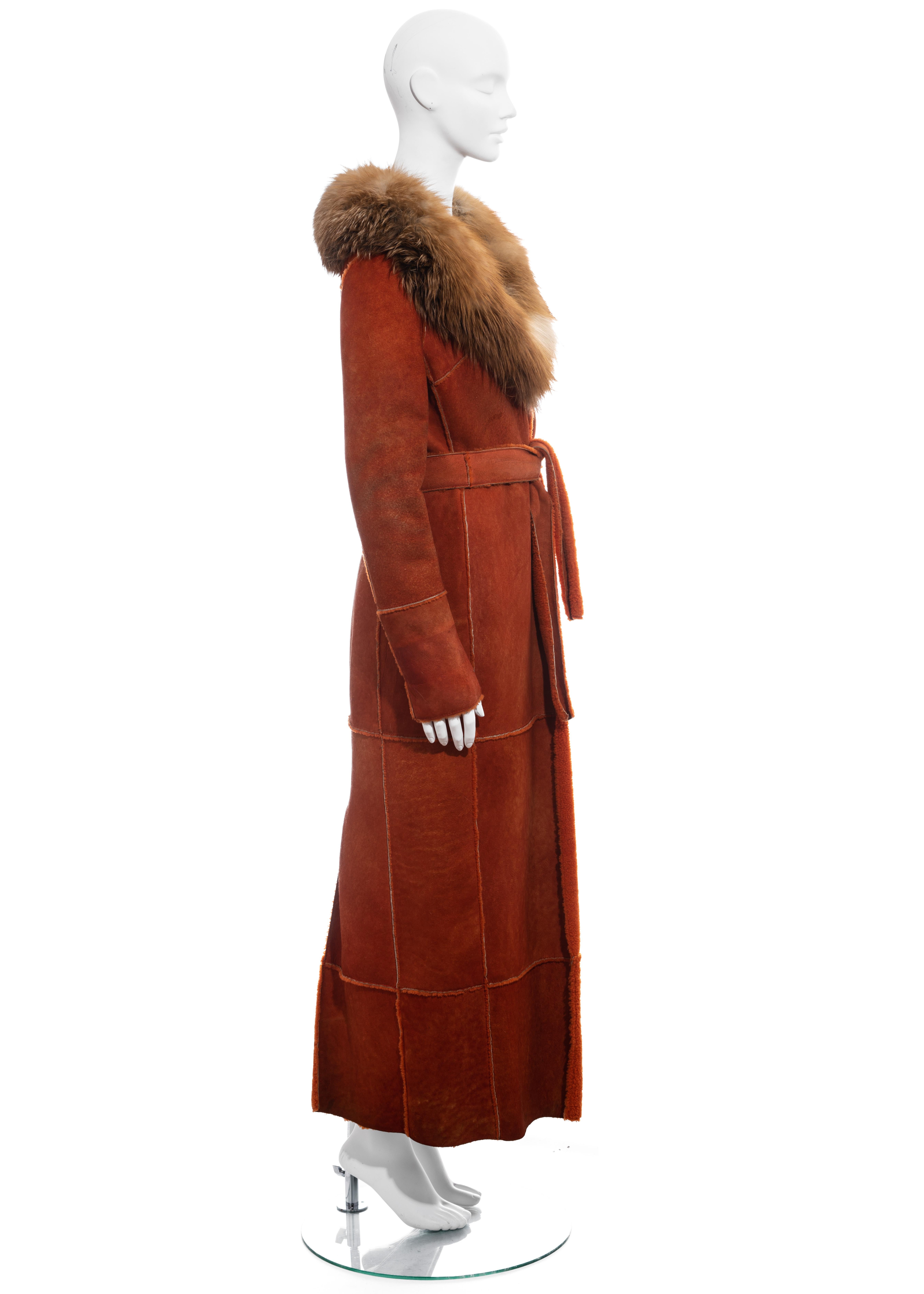 Women's Dolce & Gabbana orange sheepskin maxi coat with fox fur collar, fw 2000