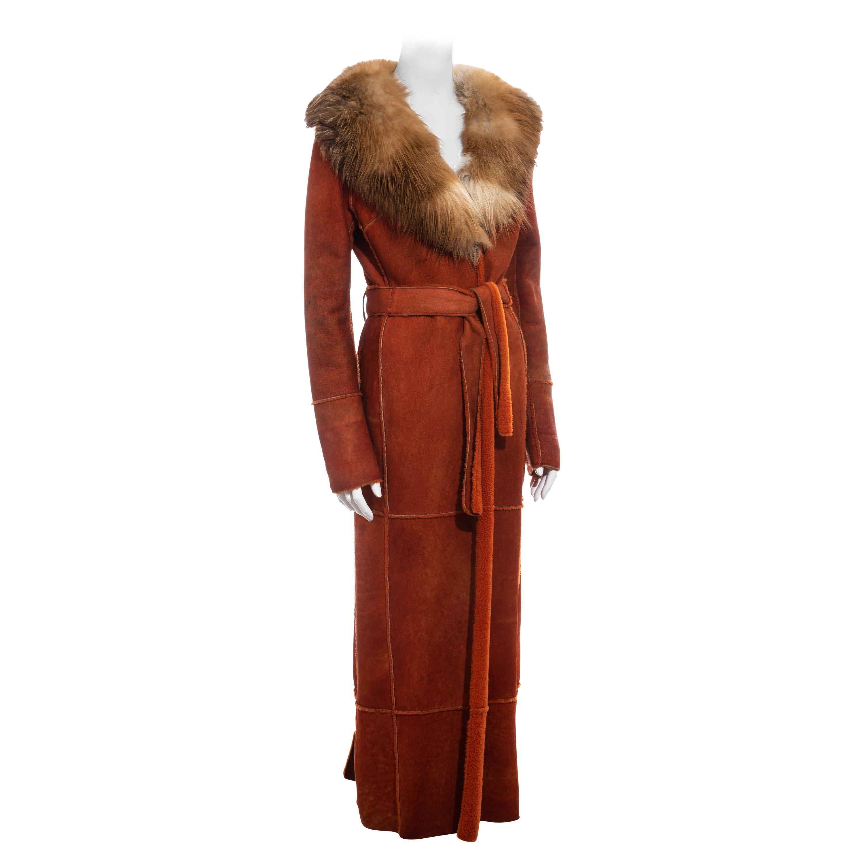 Dolce & Gabbana orange sheepskin maxi coat with fox fur collar, fw 2000