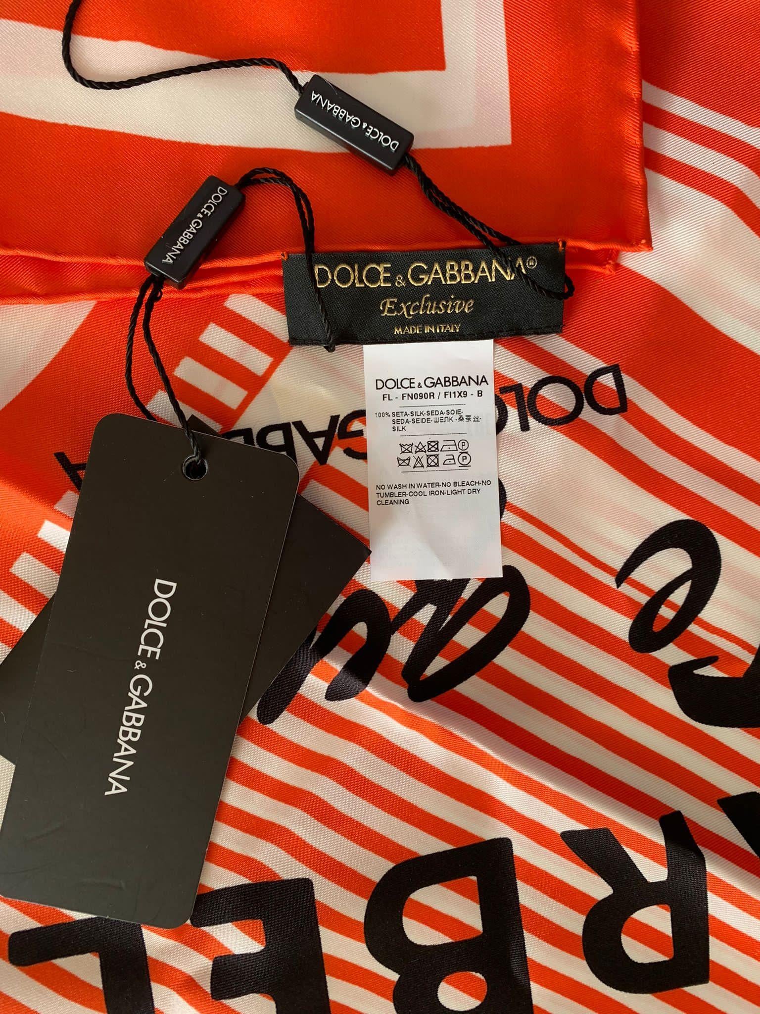 Red Dolce & Gabbana Orange White Silk I Love Marbella Striped Square Scarf Bandeau For Sale