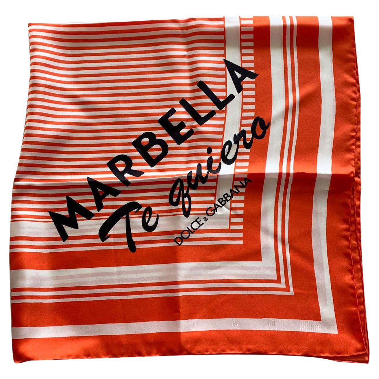 Dolce & Gabbana Orange White Silk I Love Marbella Striped Square Scarf Bandeau For Sale