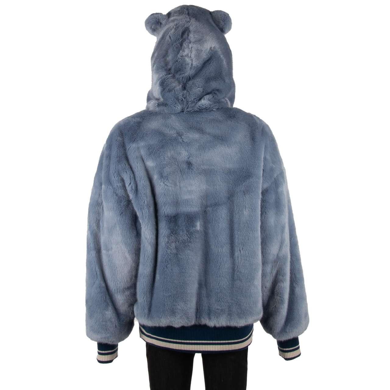 Men's Dolce & Gabbana Oversize Fake Fur Jacket with Bear Hoody and DG Logo Blue 52 For Sale