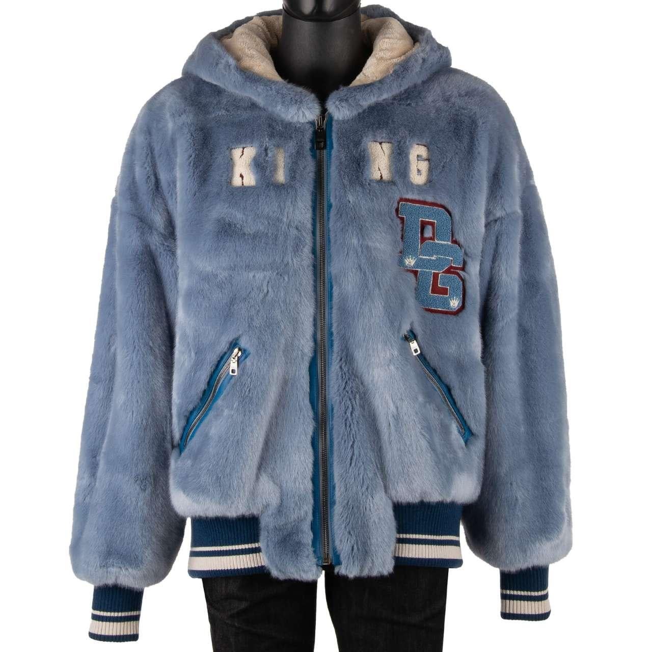 Dolce & Gabbana Oversize Fake Fur Jacket with Bear Hoody and DG Logo Blue 52 For Sale 1