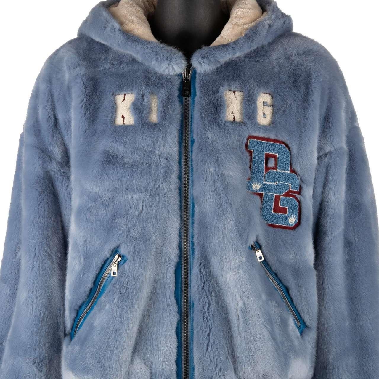 Dolce & Gabbana Oversize Fake Fur Jacket with Bear Hoody and DG Logo Blue 52 For Sale 2