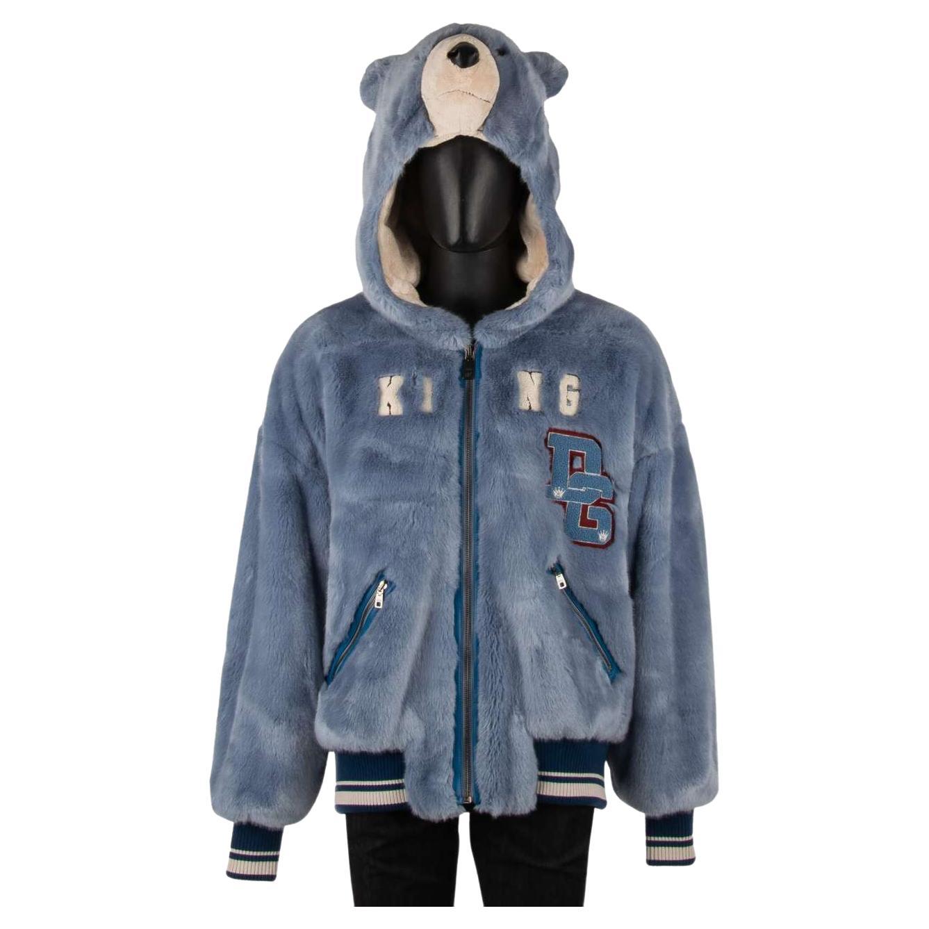 Dolce & Gabbana Oversize Fake Fur Jacket with Bear Hoody and DG Logo Blue 52 For Sale