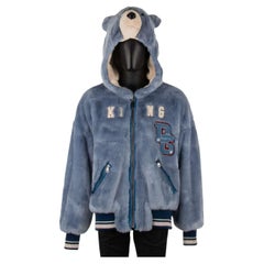 Dolce & Gabbana Oversize Fake Fur Jacket with Bear Hoody and DG Logo Blue 52