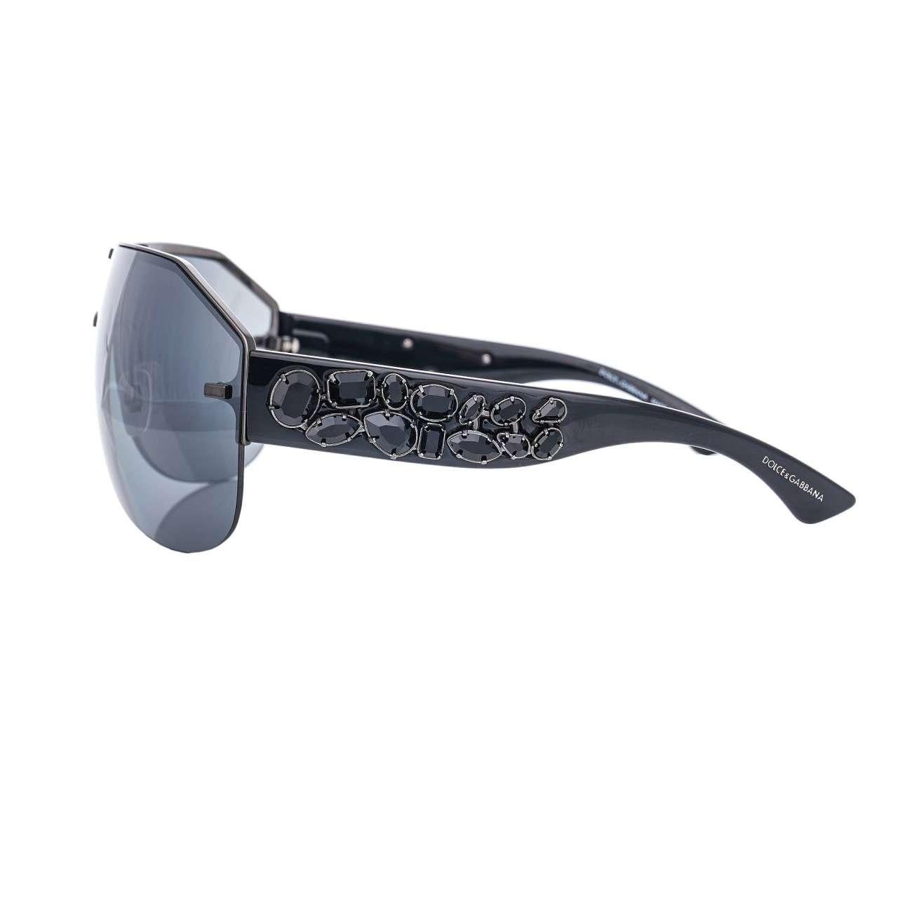 - Oversized jeweled mirrored Wrap Sunglasses DG 2150 embellished with crystals and logo in black by DOLCE & GABBANA - MADE IN ITALY - Former RRP: EUR 550 - New with Case - Model: DG 2150 - Color Frame: Black - Color Lense: Gray - Material Frame: