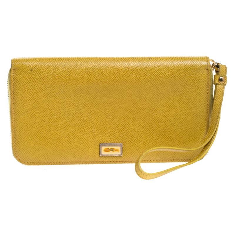 Dolce & Gabbana Paglia Yellow Leather Strappy Zip Around Wallet For Sale