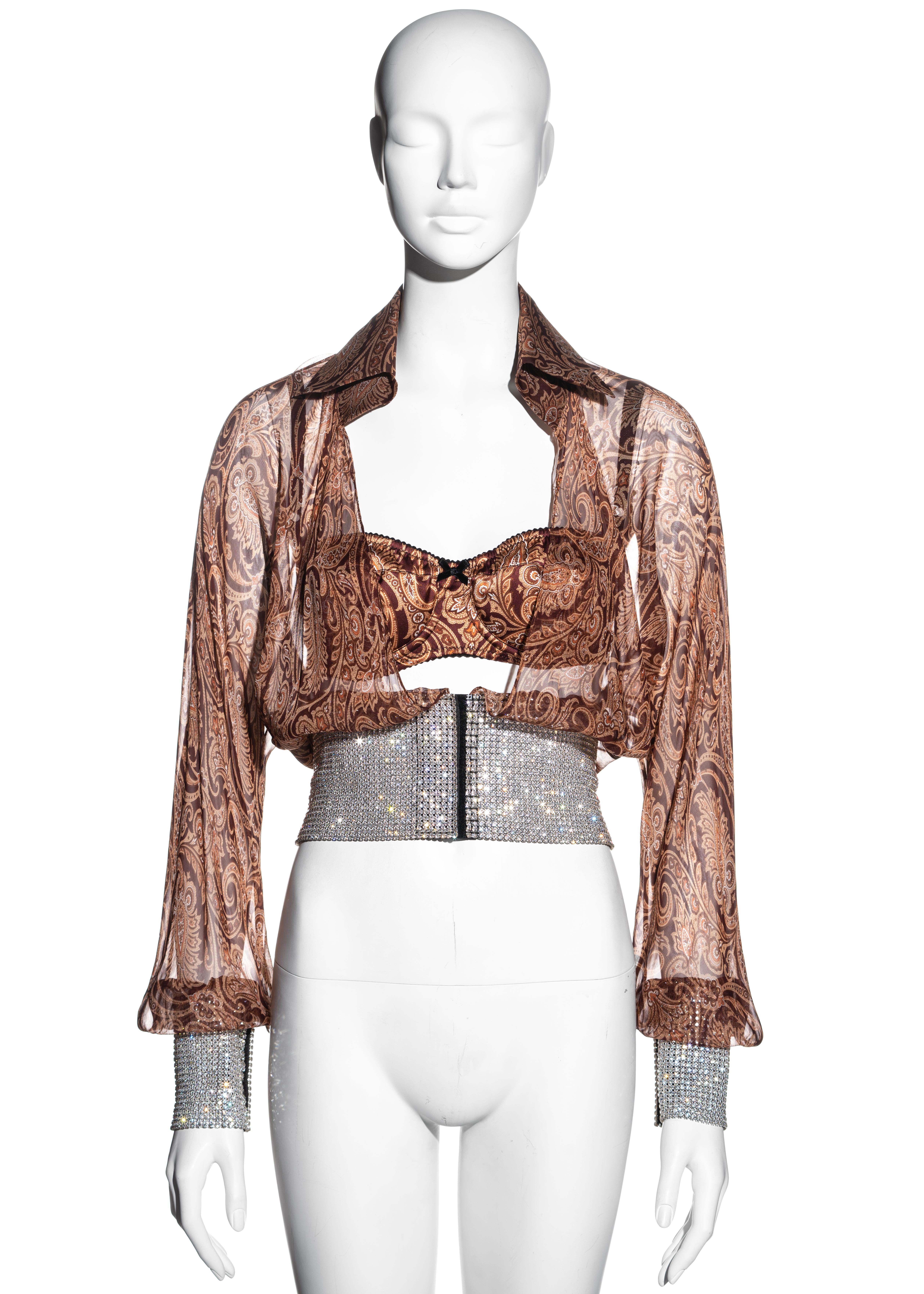 ▪ Dolce & Gabbana paisley printed chiffon blouse 
▪ 100% Silk 
▪ Matching bra
▪ Large rhinestone mesh waistband and cuffs 
▪ Velcro fastening  
▪ IT 42 - FR 38 - UK 10 - US 6 
▪ Spring-Summer 2000