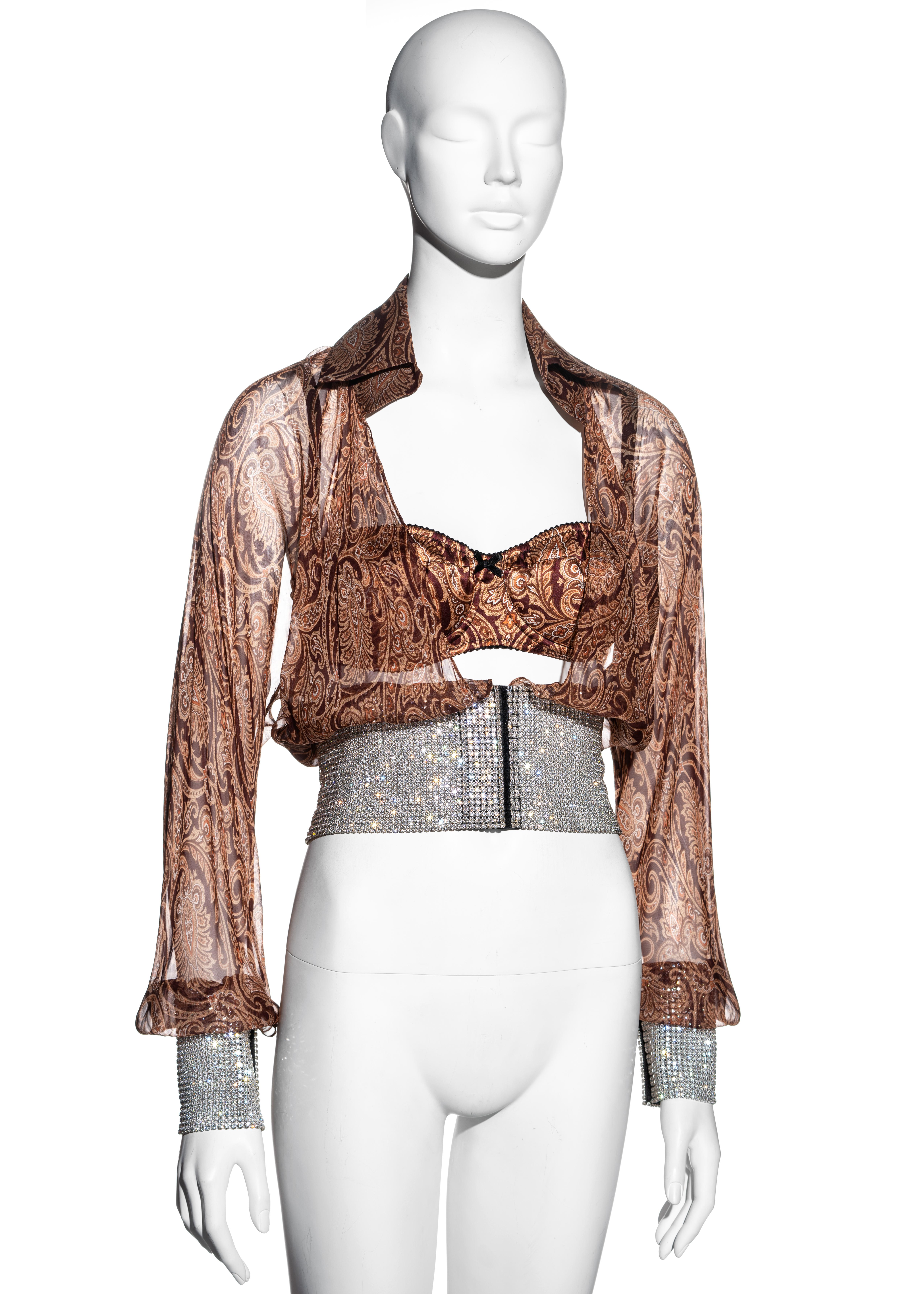 Dolce & Gabbana Chiffonbluse aus Seide mit Paisleymuster und Strasssteinbesatz, F/S 2000 (Braun)