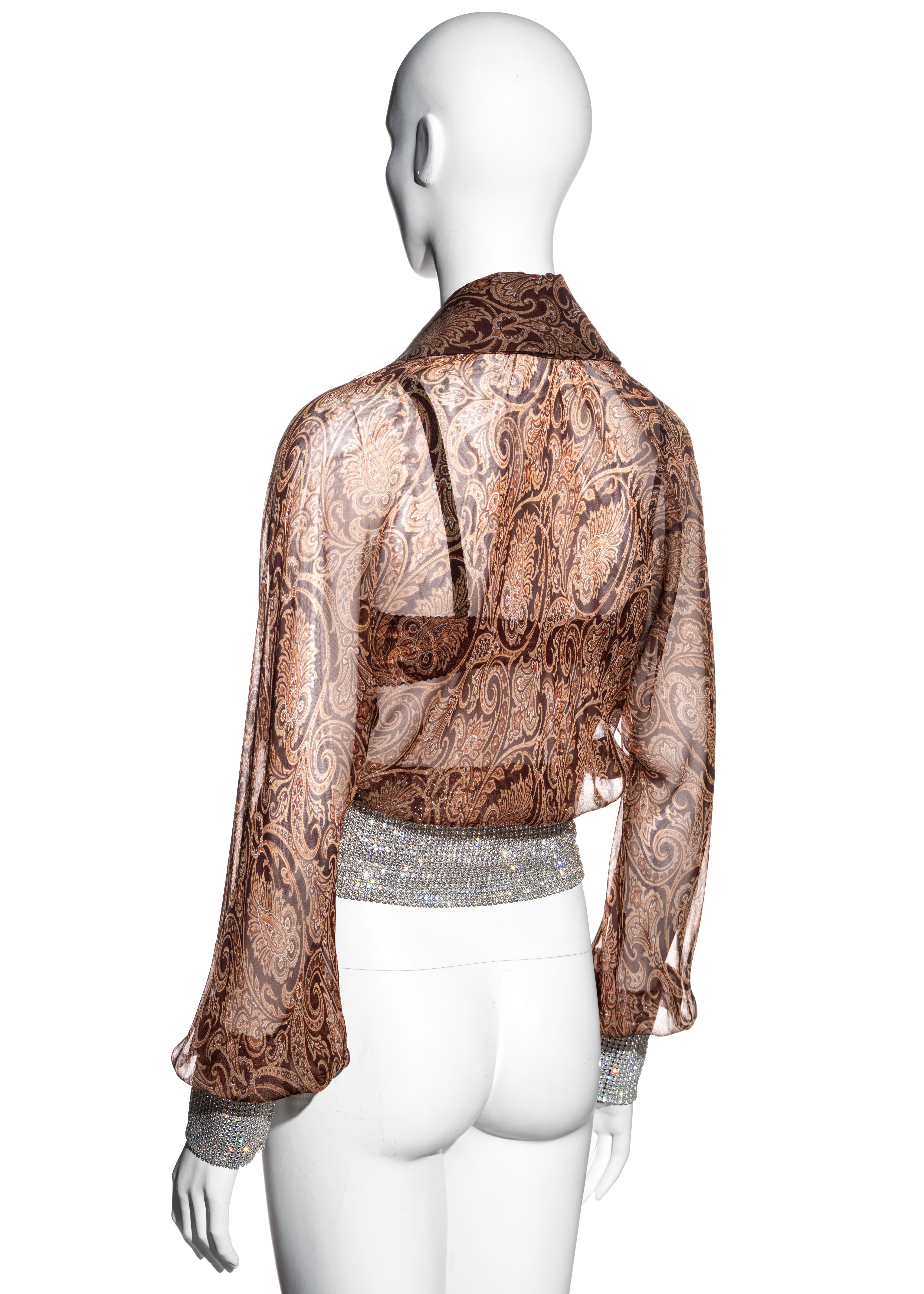 Brown Dolce & Gabbana paisley silk chiffon blouse with rhinestone mesh, ss 2000