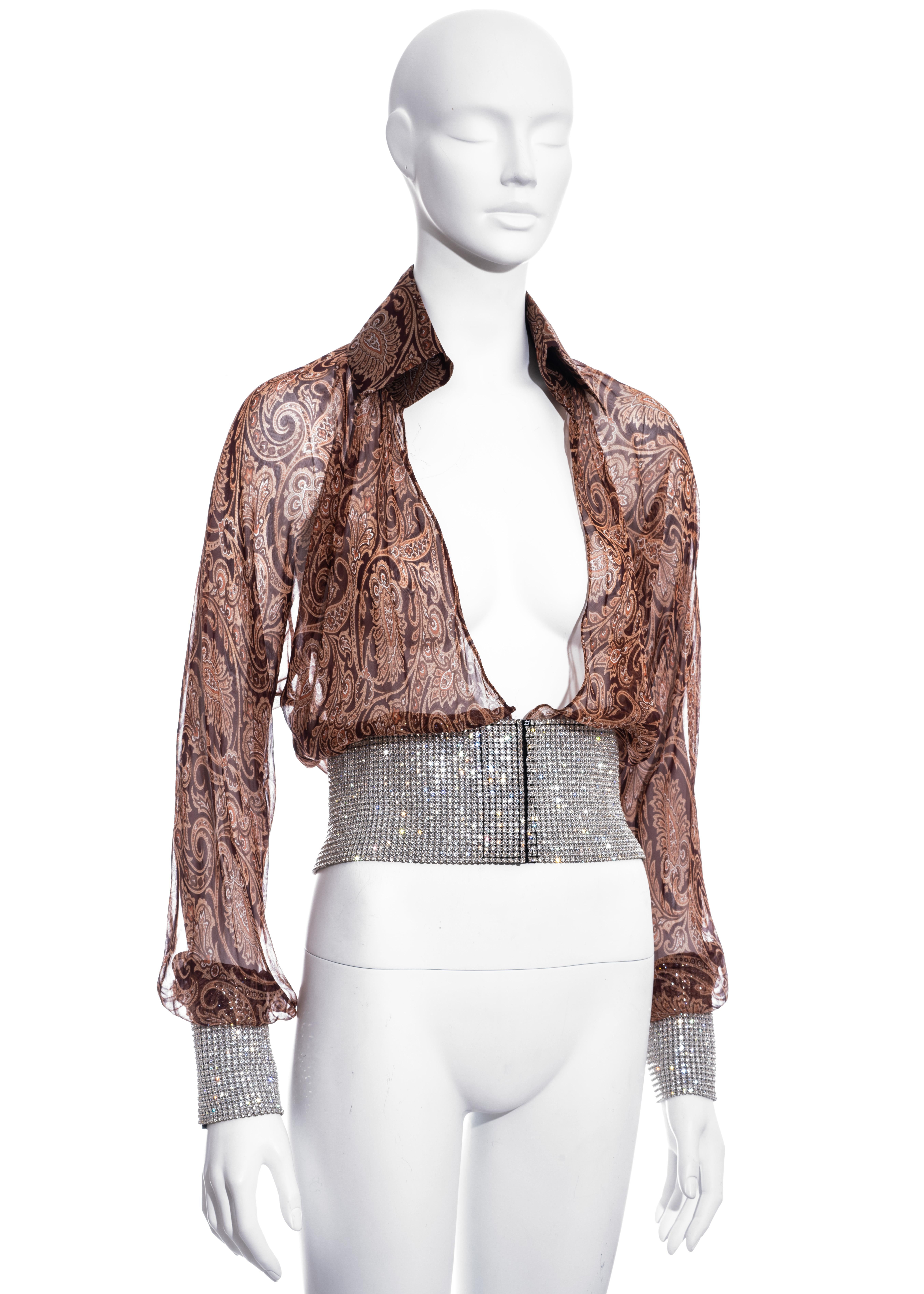 ▪ Dolce & Gabbana paisley printed chiffon blouse
▪ 100% Silk
▪ Large rhinestone mesh waistband and cuffs
▪ Velcro fastening 
▪ IT 42 - FR 38 - UK 10 - US 6
▪ Spring-Summer 2000