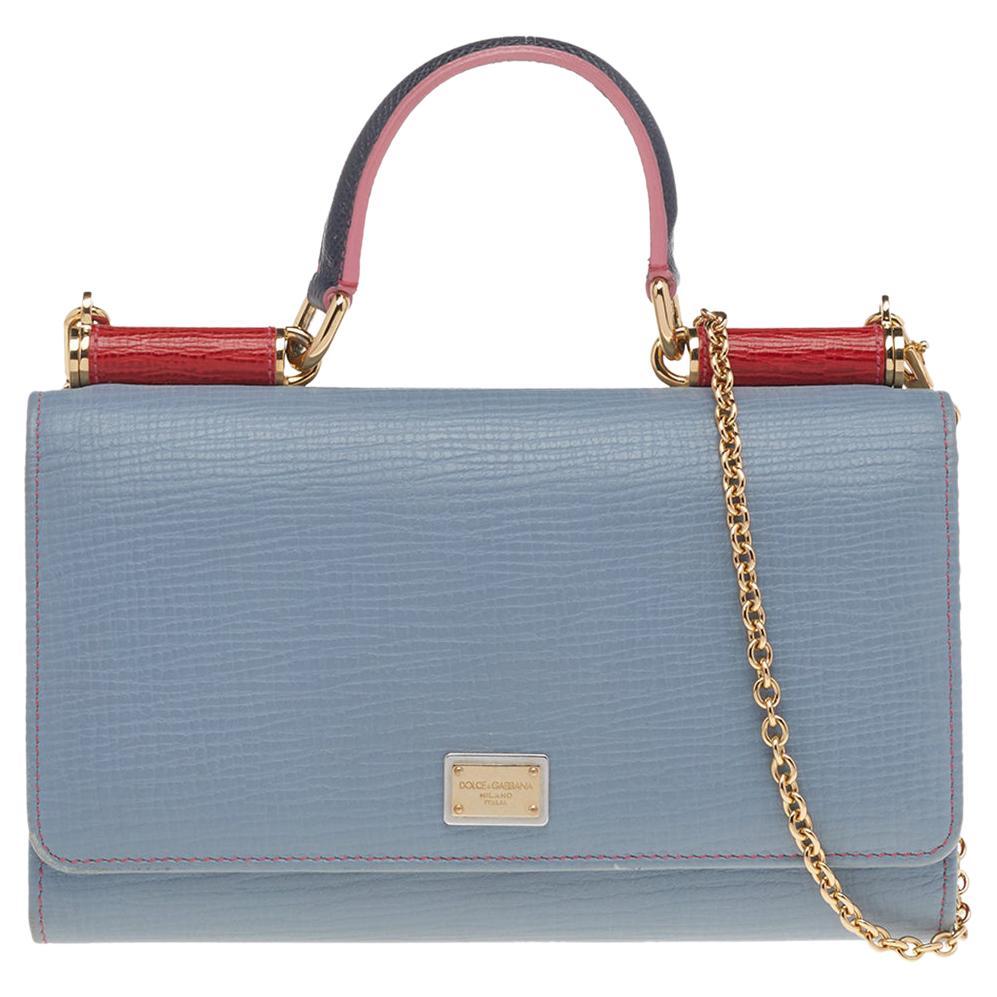 Dolce & Gabbana Pale Blue/Red Leather Miss Sicily Wallet on Chain