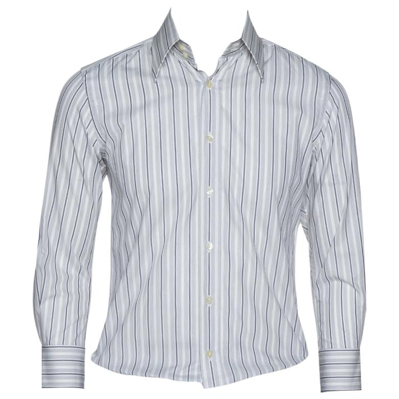 Dolce & Gabbana Pale Grey Striped Cotton Button Front Shirt S