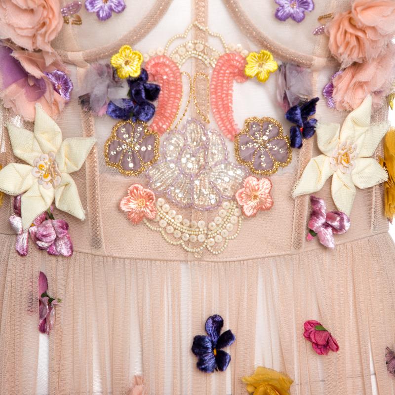 Beige Dolce & Gabbana Pale Pink Embellished Floral Applique Tulle Corset Dress M