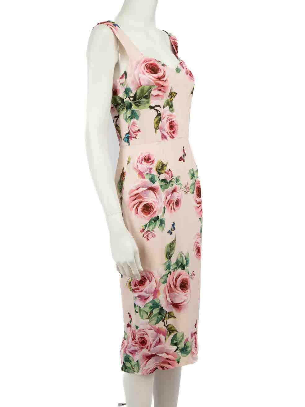CONDITION is Very good. Hardly any visible wear to dress is evident on this used Dolce & Gabbana designer resale item.
 
 Details
 Pink
 Silk
 Dress
 Rose pattern
 Sleeveless
 Sweetheart neckline
 Midi
 Figure hugging fit
 Back zip and hook