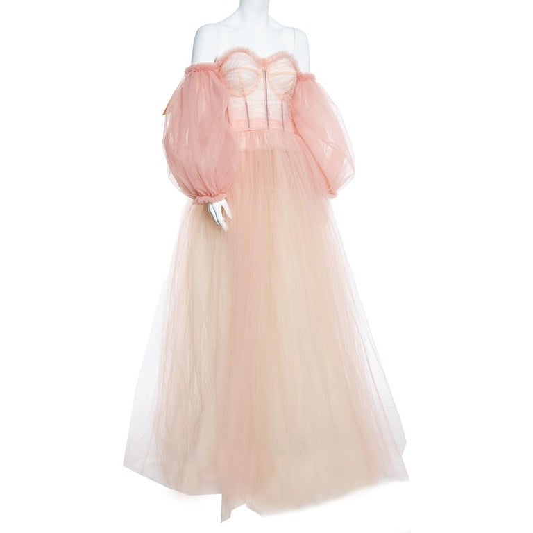 Dolce and Gabbana Pale Pink Tulle Layered Off-Shoulder Gown L at 1stDibs