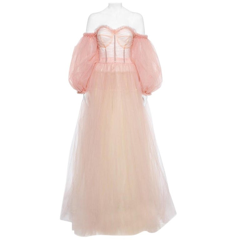Dolce and Gabbana Pale Pink Tulle Layered Off-Shoulder Gown L at 1stDibs