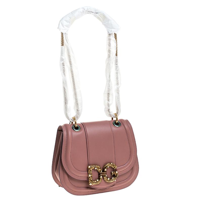 Brown Dolce & Gabbana Pastel Pink Leather Small Amore Crossbody Bag