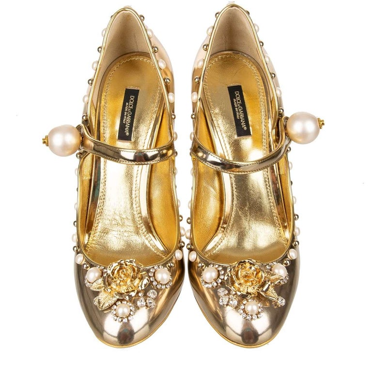 Dolce and Gabbana Patent Leather Pearl Crystal Rose Mary Jane Pumps