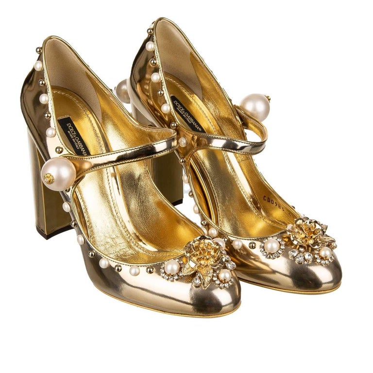 Dolce and Gabbana Patent Leather Pearl Crystal Rose Mary Jane Pumps